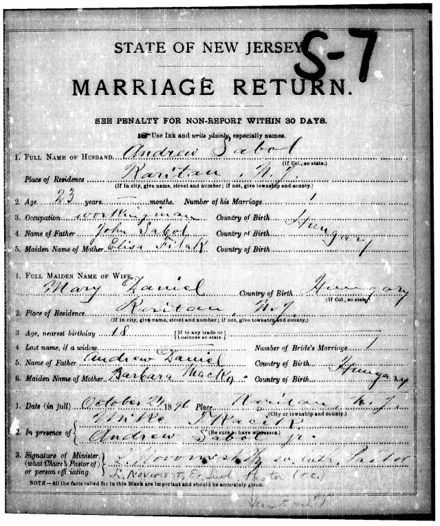 1896 marriage record for Andrew Sabol and Mary Daniel.