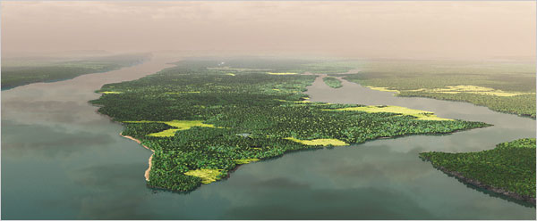 Artist's conception of what Manhattan looked like in 1609, courtesy of the Mannahatta Project.