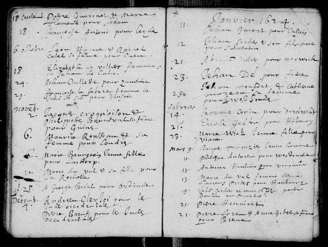Page from the church register of the Walloon Church, Amsterdam noting the departure of Jean Montfort and family "pour le West Indes." January 1624. Click to enlarge.