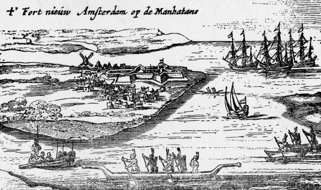 The earliest known image of New Amsterdam dating from 1626. The view, from the Brooklyn shore looking west, is reversed, probably due to the lithographic process. Click to enlarge.