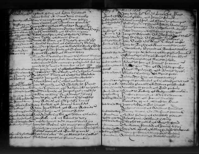 Marriage record for Pierre Montfort and Sara du Plancque dated March 23, 1636 (see upper left corner).  Click to enlarge.