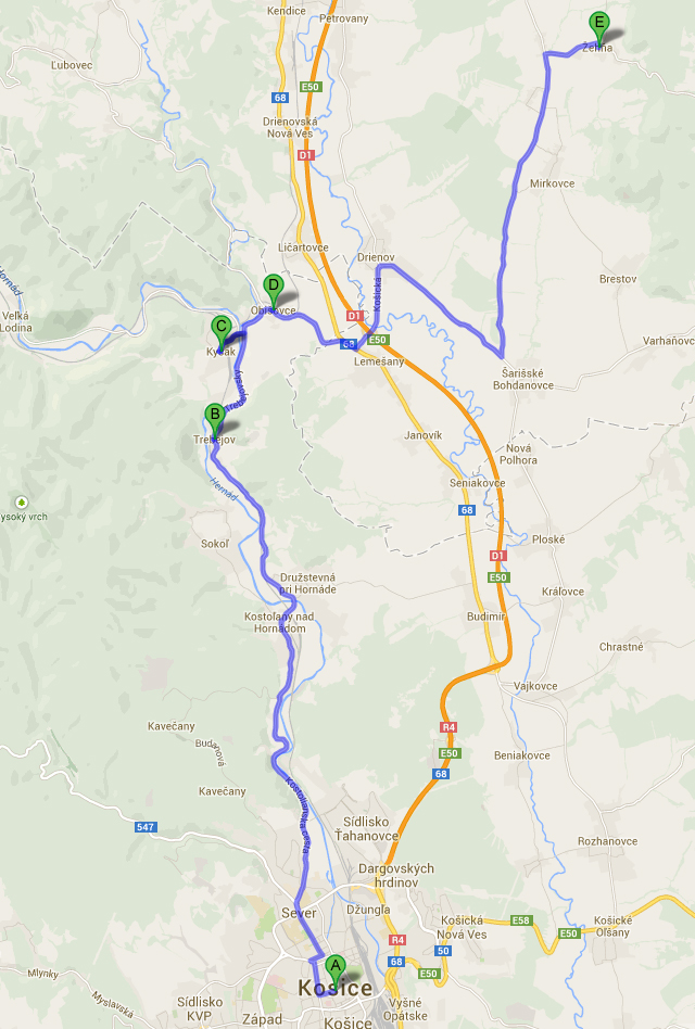 Route map for my visit to my ancestral villages in Slovakia. I started my journey in Kosice (A), drove to to Trebejov (B) and then on to Kysak (C), Obisovce (D) and Zehna (E). Map created on Google Maps.