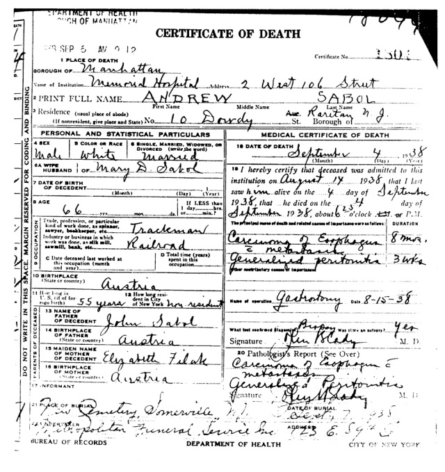 Certificate of death for my great-grandfather Andrew Sabol, who died at Memorial Hospital in New York, September 4, 1938. Click to enlarge.