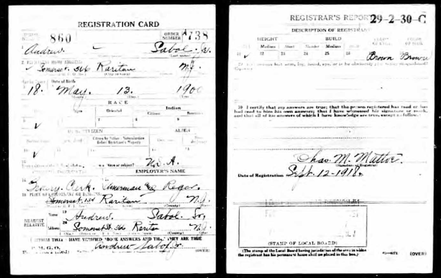 Draft registration form for Andrew Sabol Jr. dated September 1918.