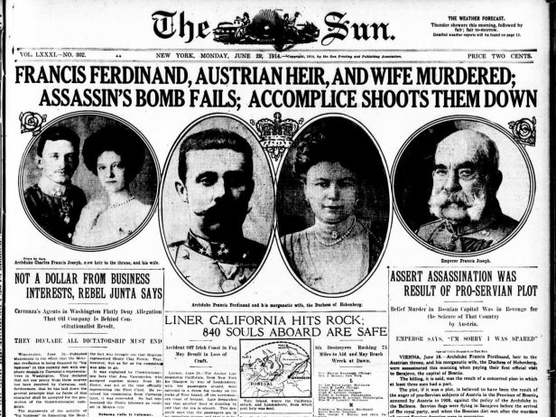 Front page of the New York Sun, June 29, 1914, announcing the assassination of Austrian Archduke Franz Ferdinand in Sarajevo.
