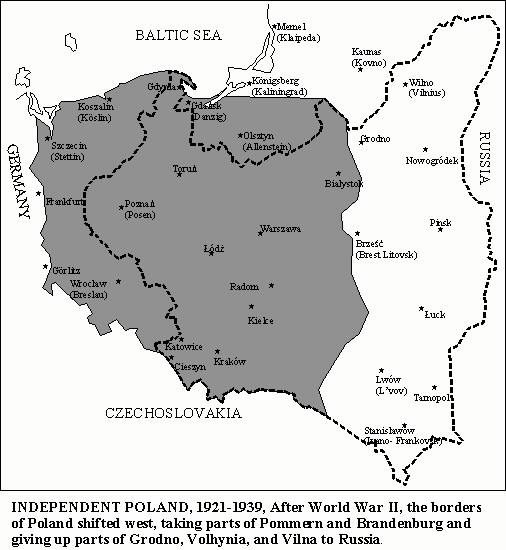 Map of Poland showing how the eastern border shifted after World War II. My grandmother's home town of Zalozce was located just north of Tarnopol in the southeast corner of the map.