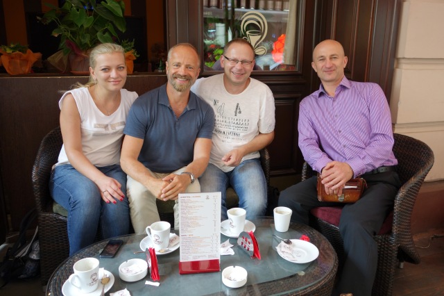 Polish, Ukrainian and Bosakowski family members meet at the Glory Cafe, Lviv. From right to left: Maria Bosakowska, John Kowal, Dariusz Bosakowski, Aleksander Bosakowski.