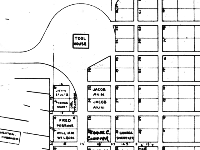 Detail of Kingston Presbyterian Cemetery map showing location of three plots owned by a "Jacob Akin." I believe these were actually owned by my great-grandfather Jacob Sylvester Agin.