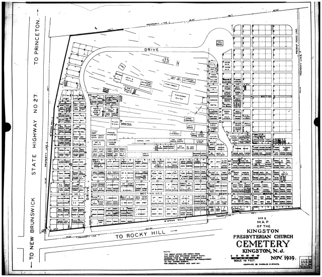 Map of the Kingston Presbyterian Cemetery, Kingston, NJ, from the Family History Library, Click to enlarge.