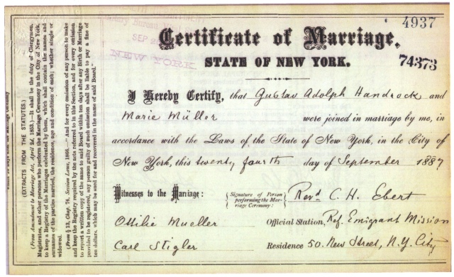 Marriage certificate for my great-great-grandmother Marie Müller's second marriage to Gustav Adolphus Handrock, dated Sept. 24, 1887. 