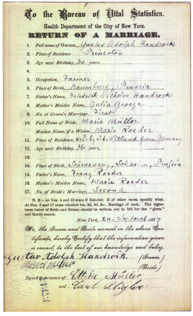 Marriage return for my great-great-grandmother Marie Müller's second marriage to Gustav Adolphus Handrock, dated Sept. 24, 1887. Click to enlarge.